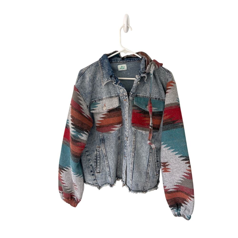 Blue Buttercup Hooded Denim Jacket with Aztec Print Sweater Sleeves Small